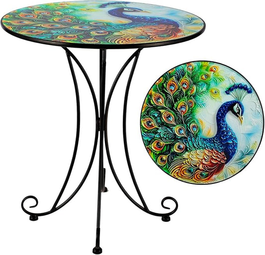 18 Inch Outdoor Side Table, Peacock Metal Accent Table, Indoor Small Round End Tables, Plant Stand Tables for Outside Yard Balcony Garden Bedside