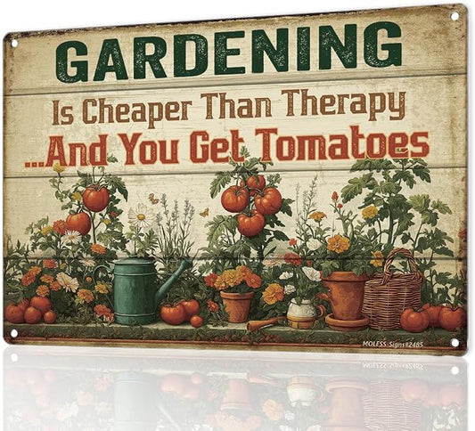 Vintage Garden Sign – 'Gardening Is Cheaper Than Therapy' | 12x8″ Funny Metal Garden Signs Decor for Outside, Gardening Gifts for Women & Mom, Plant Lover Gifts, 2685