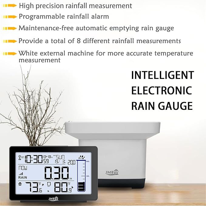 Digital Rain Gauge Outdoor with Thermometer, Self-Emptying Wireless Rain Gauges Outdoors Best Rated, High Precision Electronic Remote Rain Collector, Freeze Proof Automatic Rain Measure Gauge for Yard