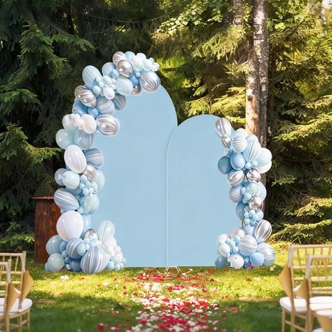 SuuWoee Arch Backdrop Stand Set of 2 With Blue Cover (7.2FT+6FT),Gold Metal Wedding Arch Balloon Stand With Cover for Birthday Party Baby Shower Graduation Ceremony Decoration