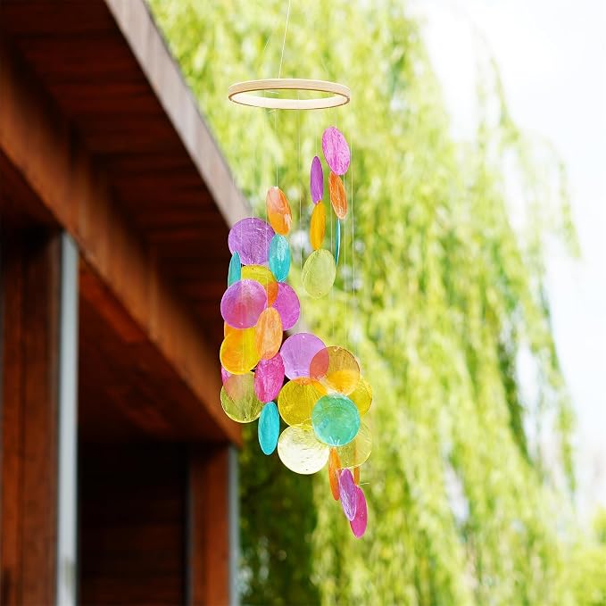YUFENG Wind Chimes Outdoor Decor, Metal Memorial Windchimes Hanging Decoration for Garden Home Yard and Christmas Tree, 19.6''Rainbow Capiz Seashell Handmade Painted Coastal Mobile