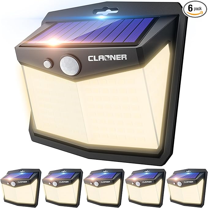 CLAONER Solar Lights Outdoor, [128 LED/6 Packs] Solar Motion Sensor Lights 3 Working Modes Outdoor Lights with 270° Wide Angle Wireless IP65 Waterproof Security Light for Fence Patio, Warm White