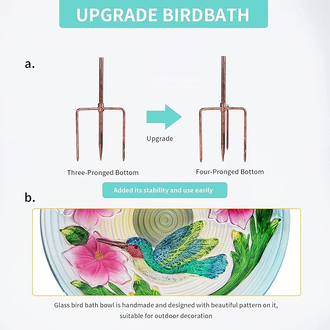 MUMTOP Glass Bird Bath, Garden Outdoor Birdbaths Birdfeeder with Metal Stake, Multi