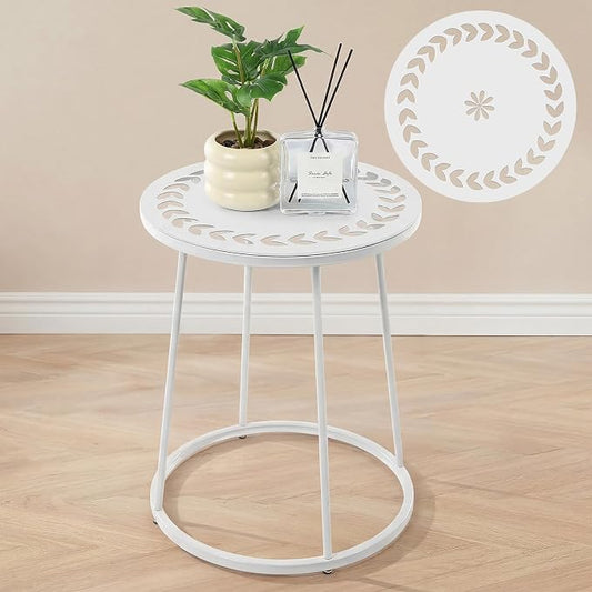 Vercraft Small Outdoor Side Table, 14" Patio Side Tables with Flower Cut Outs Weather Resistant Metal Outdoor End Table for Patio Outside Porch Balconies Garden(White,Simple)