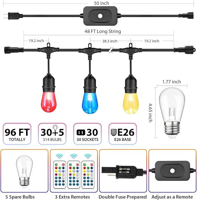 Mlambert 96Ft(2x48ft) Outdoor Patio Lights, RGB Dimmable Cafe String Lights with 30+5 Commercial Grade LED Edison Bulbs for Yard Balcony-Black 2 Pack