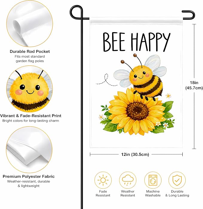 Summer Party Decorations - Bee Happy Summer Garden Flag | Double Sided Sunflower Welcome Yard Decor | Summer Party Accessories Backdrop Favors Supplies Decor for Garden Yard Porch Patio Lawn Outdoor Outside