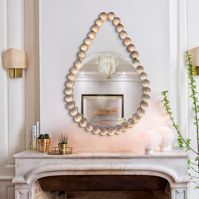 POZINO Wood Beaded Round Mirror, 24" Farmhouse Hanging Rustic Mirror with Rope, Spherical Frame Circle Wall Mirror for Bathroom Bedroom Living Room Hallway Entryway Fireplace