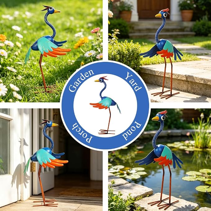 Metal Wacky Heron Garden Statue, 19‘’ Crane Garden Decor for Outside, Bird Yard Art for Outside, Patio, Backyard, Lawn (Blue & Cyan)