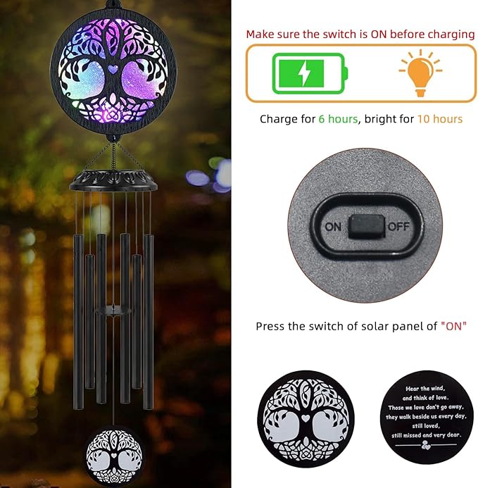 FSVGYY Memorial Wind Chimes for Loss of Loved One, Sympathy Wind Chimes Outdoor Waterproof with Solar LED Tree of Life, Bereavement Remembrance Funeral Gift for Mom Dad Family Garden Patio Decor