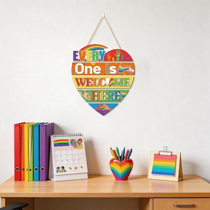 HOURIA Everyone is Welcome Here Pride Wood Sign(11.4"x11.7"),LGBTQ Rainbow Sign Front Door Decoration,Heart-Shaped Layers Wooden Plaques Colorful Welcome Wall Decor for Classroom Office Home