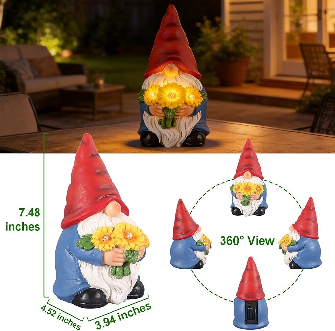 Garden Gnomes Outdoor Solar Garden Decor Garden Statues with Sunflower Lights Yard Decorations Outdoor Patio Porch Backyard Decor, Housewarming Birthday Gifts for Women Friends