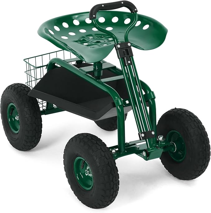 Rolling Garden Work Seat with Wheels, 400lbs Heavy Duty Garden Cart, 360° Swivel Adjustable Height Rolling Stool, Extendable Handle, Storage Basket & Tray for Gardening, Lawn Care, Adults & Seniors