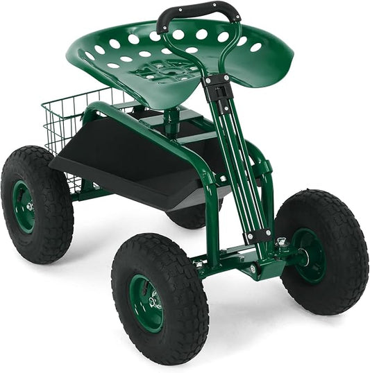 Rolling Garden Work Seat with Wheels, 400lbs Heavy Duty Garden Cart, 360° Swivel Adjustable Height Rolling Stool, Extendable Handle, Storage Basket & Tray for Gardening, Lawn Care, Adults & Seniors
