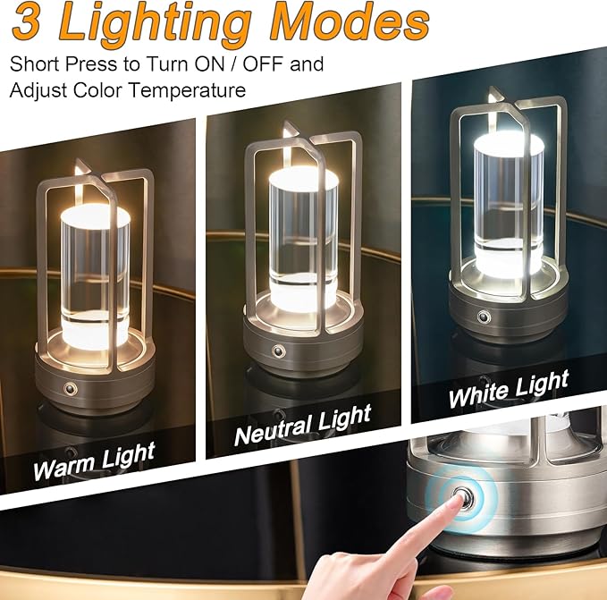 Rechargeable Table Lamp Cordless, Portable Metal Table Lamp 3 Color | Crystal | Stepless Dimming, for Bedroom, Cafe, Camping, Bar, Dining Table, Restaurant