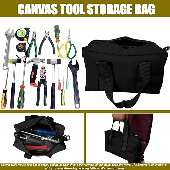 BLIRITEL 14 Inch Wide Mouth Tool Bag, Heavy Duty Canvas Tool Storage Bag, Large Capacity Handbag, Multi-function Tool Organizer Tote Bag for Storage Wrenches Pliers (Black, 14 Inch)