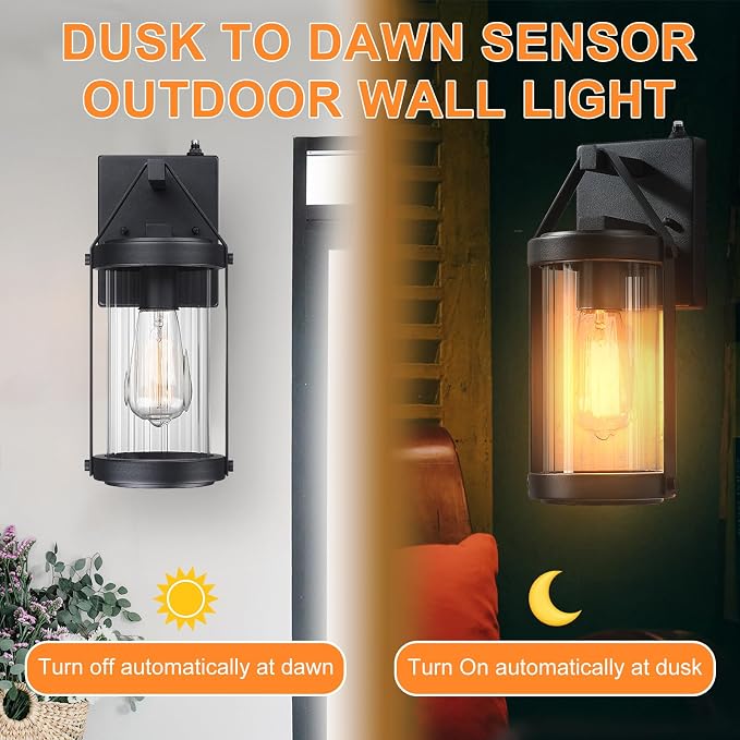 LONEDRUID 2 Pack Dusk to Dawn Sensor Outdoor Wall Sconce Lighting Black Exterior Porch Lantern Waterproof Outside Garage Light Fixtures Wall Mount for House Patio Entryway