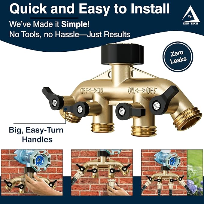 DBR Tech® Heavy Duty 4 Way Hose Splitter (Premium Brass for Superior Durability), Wye Garden Hoses Connector for Water Spigot Faucet Bib Tap, Y Adapter, Rust-Resistant Finish