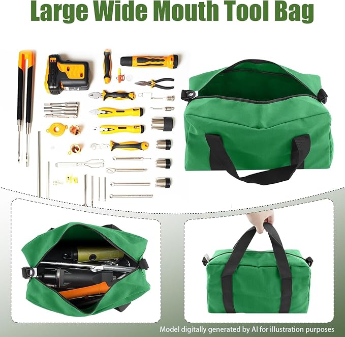 Small Tool Bag,Close Top Wide Mouth Tool Organizer Bag,Large Capacity Tool Bags for Men,Canvas Tool Storage Bag for Storage Handbag for Screwdrivers,Wrench (Shoulder strap+Light green, 14 Inch)