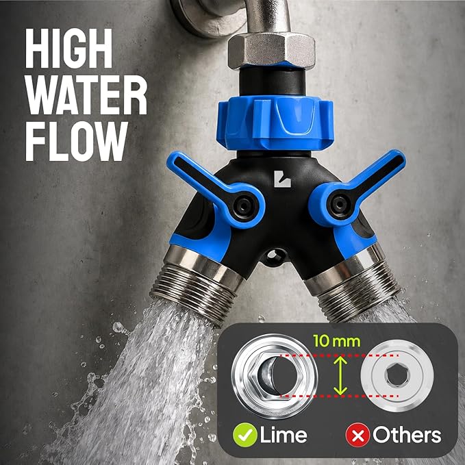 LIME 2 Way Hose Splitter Heavy Duty - Metal Y Garden Hose Splitter with Shutoff Valves, Brass Outdoor Faucet Adapter for Spigot, 3/4 Inch GHT Water Hose Connector - Blue