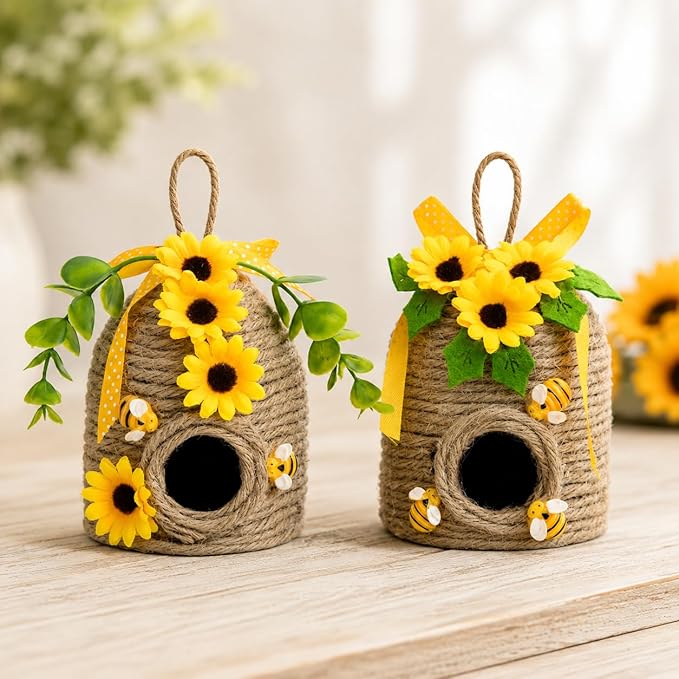 nuvagiki 2 Pack Bee Hive Decor, Farmhouse Bee Decorations with Sunflower, Rustic Bumble Bee Tiered Tray Decor for Kitchen Table, Spring Summer Home Decor