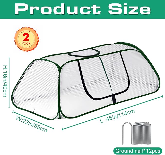 2 Pack Garden Rows Accelerator Plants Cover-Garden Greenhouse with Roll-up Zipper Door,Thicker PE Cover for Indoor Outdoor Vegetable Fruits Rows - 45" L x 22" W x 16" H
