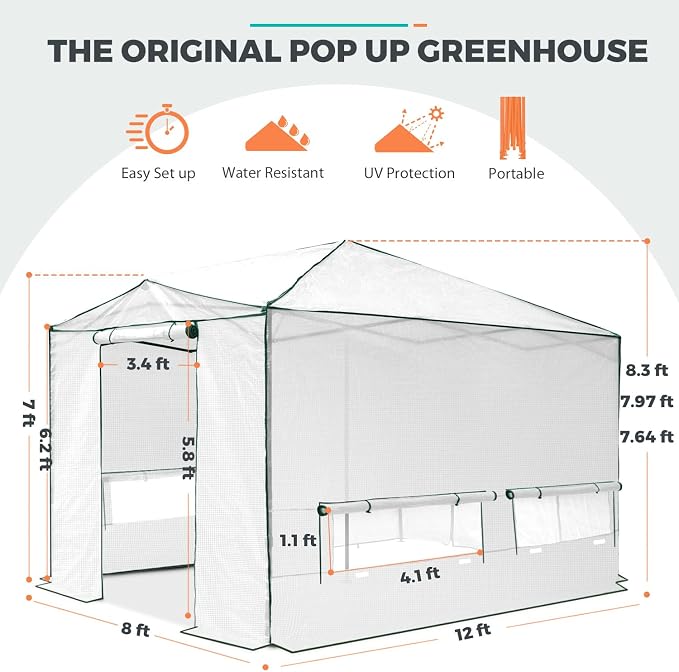 EAGLE PEAK 12x8 Portable Walk in Greenhouse, Pop Up Indoor Outdoor Greenhouse, Green House Kit with Zippered Roll-Up Doors, Windows + Support Pole, PE Cover, Clear/White