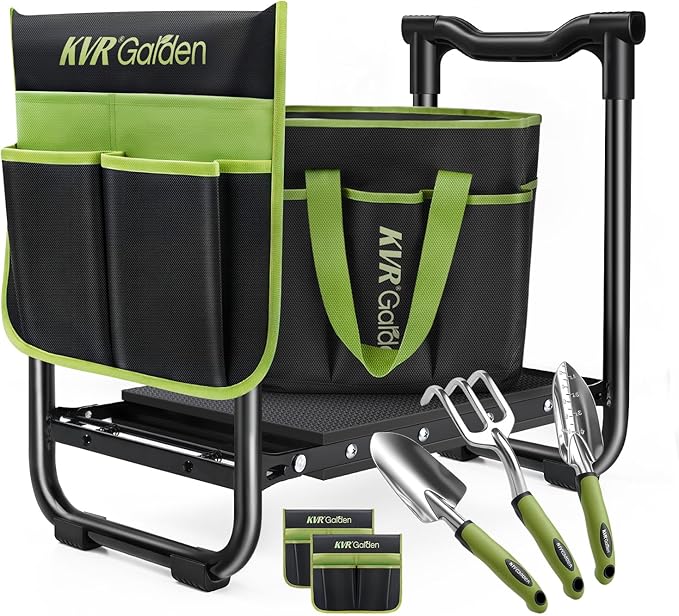 Garden Stool & Kneeler 7-Piece Set with 3 Aluminum Tools, Double-Layer Tote Bag & 2 Side Pouches - Foldable Gardening Bench Kit - Ideal Gifts for Women Mom Seniors (Light Green)