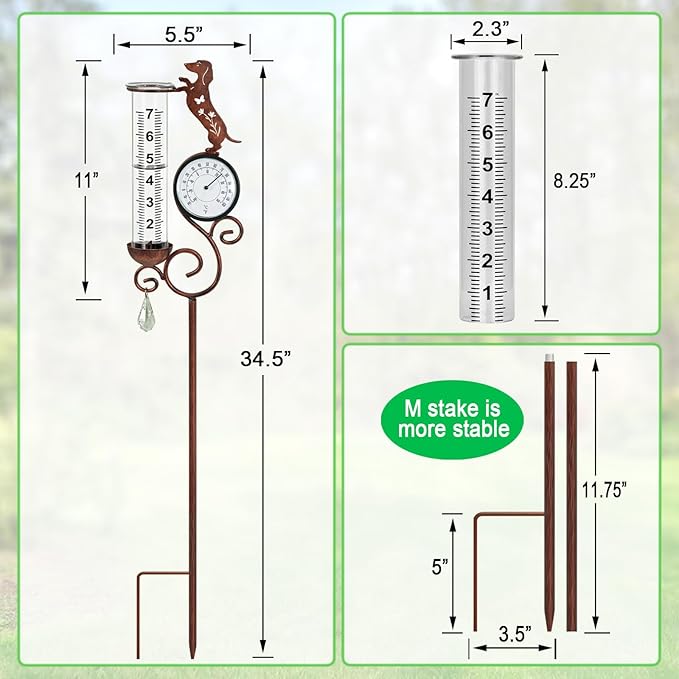 Dog Rain Gauge Outdoor,Large Number Scale Rain Gauge with Temperature & Hygrometer Metal Dachshund Garden Stakes for Outside,Lawn,Yard,Patio,Farm