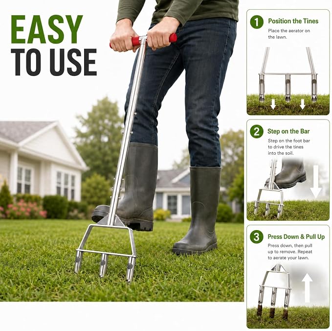 PPZ Manual Push Lawn Aerator, Semi-Assembled Handheld Tool with 3 Replaceable Heads for Lawn Aeration