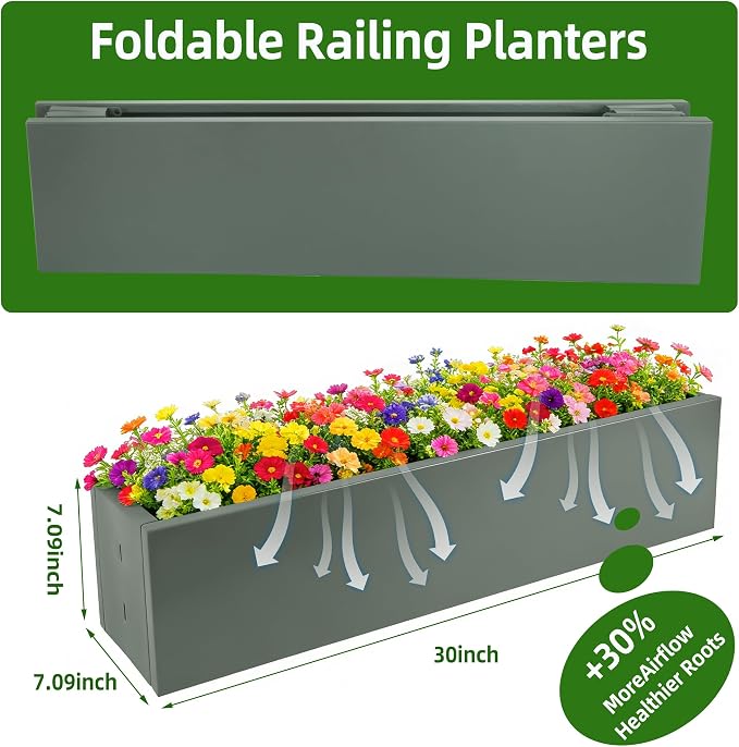 2 Pack Metal Railing Planter Box, 30 Inch Balcony Planters with Adjustable Brackets, Large Hanging Planters for Outdoor Fence Deck