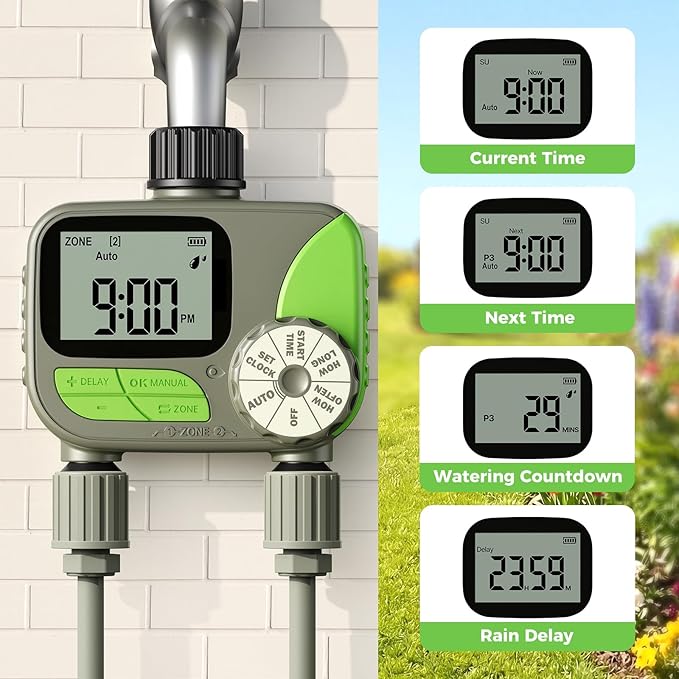 Sprinkler Timer- Hose Timer for Garden Hose, Programmable Watering Timer with Rain Delay, Outdoor Automatic & Manual Drip Irrigation Controller System for Lawn Yard Greenhouse, 2 Outlets