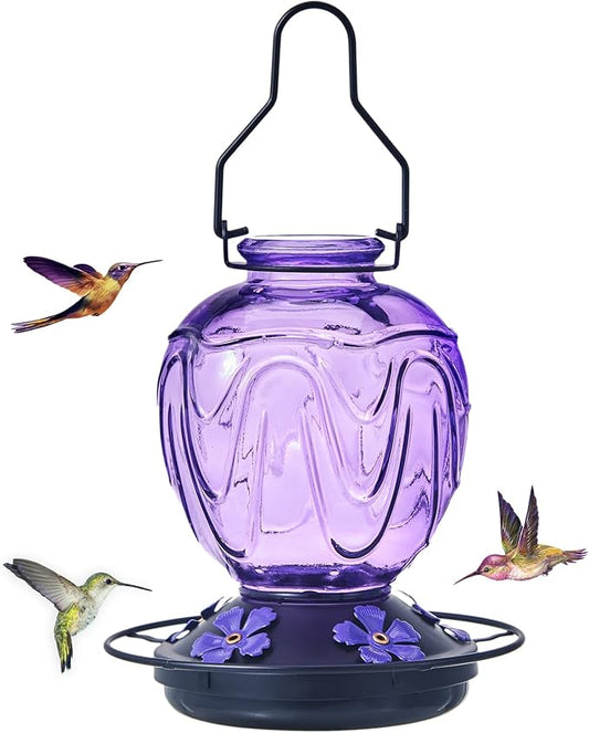 2 Pack Glass Hummingbird Feeder for Outdoors Hanging, 24Ozs Humming Bird Nectar Feeder w/Perch, 5 Flower Feeding Ports, Leak Proof Base and Hook for Outside Garden Backyard Decor, Purple