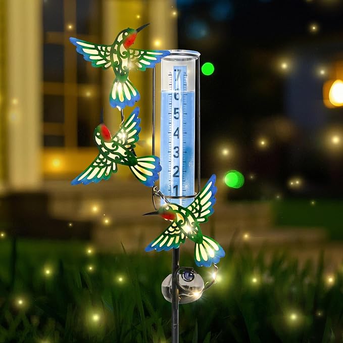 WONDER GARDEN Solar Rain Gauge Outdoor, Hummingbird Decorative Rain Gauges Outdoors Best Rated, Freeze Proof Water Rain Measure Gauge for Yard Patio Lawn Garden Decor
