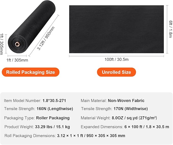 VEVOR 6FTx100FT Non-Woven Geotextile Heavy Duty 8oz Driveway Underlayment for Gravel, Ground Cover, Garden Weed Barrier, Drainage Fabric, Landscaping, Black | Withstand Harsh Environment,Excellent Permeability and Breathability