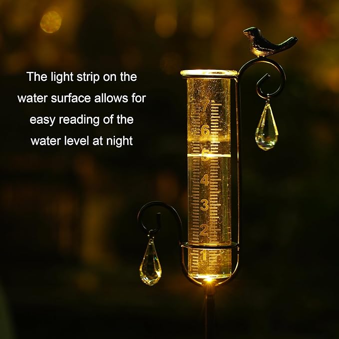 Bird Rain Gauge Outdoor with Solar Led Lights with Two Water Droplet Shaped Crystal Pendants. Bird Rain Gauge Decorative for Yard Garden Patio Lawn. Decorative Garden Yard Decor