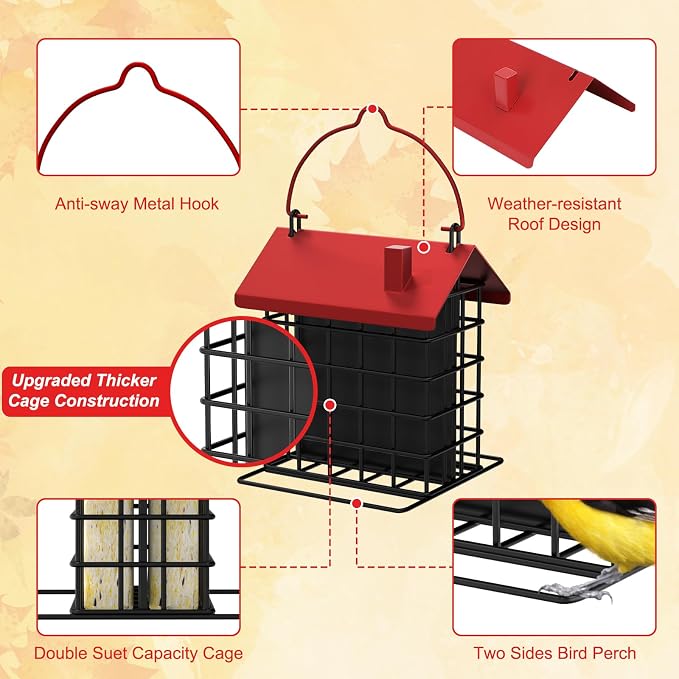 Gbekery All-Metal Double Suet Bird Feeder for Outdoors Hanging, Suet Cake Cage Holder with Weather-Resistant Roof & Perch for Outside Garden, Red