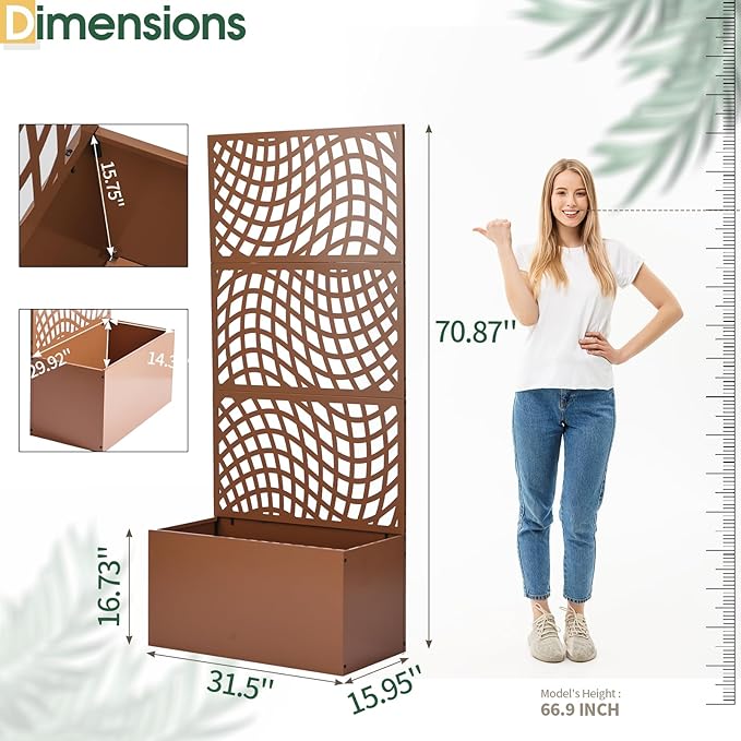 VINGLI 71" H Metal Raised Garden Bed with Trellis, Outdoor Planter Box for Climbing Vegetables, Fruits and Flowers, Privacy Screen, for Backyard, Patio, Balcony, Brown