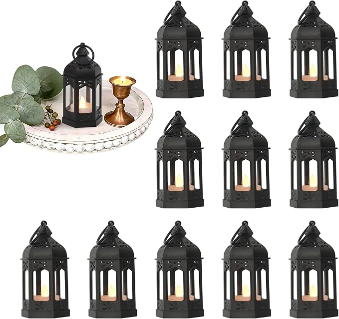 Mini Moroccan Lanterns with Flicker LED Candles Set of 12, Black Vintage Decorative Hanging Lanterns for Ramadan Decorations, Christmas, Halloween, Wedding Decor, Party, Table Centerpiece