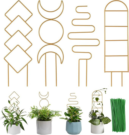 Wellsign Indoor Plant Trellis for Potted Plants, 16inch Gold Small Trellis for Climbing Plants Outdoor Garden Metal Trellis with Different Patterns for Vine Ivy Flower Plant Support 4 Pack