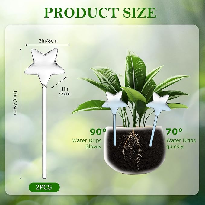 2-Pack Star-Shaped Glass Self-Watering Globes for Indoor Outdoor Plants – Automatic Irrigation Decorative Watering Bulbs for Garden Flower Pots, Patio, Home Decor (Star)