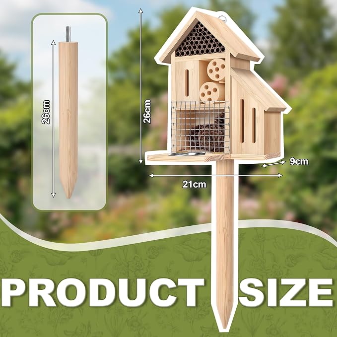 Hoteam Wooden Insect Hotel Bee Ladybugs Butterfly House Large Natural Mason Bee Lady Bug Hotel with Stake and Feeder for Garden Yard Backyard Attract Butterflies Pollinators Beneficial Insect(Natural)
