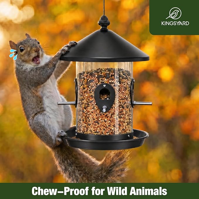 Kingsyard 4.5-Cups Large Metal Bird Feeders for Outdoors Hanging with 8 Ports, Tube Bird Feeder with Seed Tray, Weatherproof Chew Proof Roof for Cardinal Finch, Black