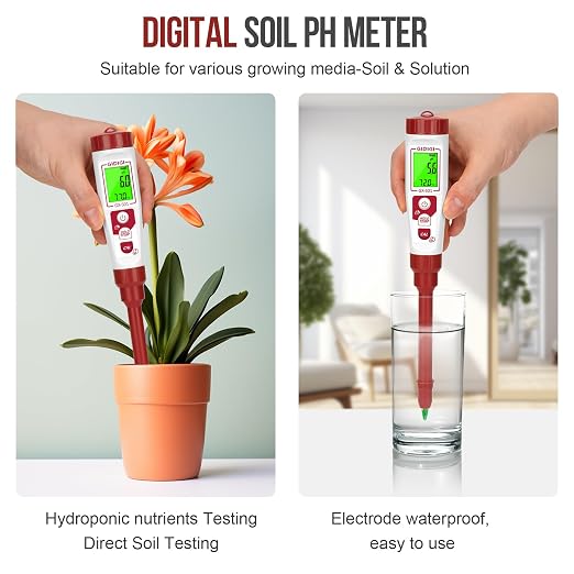 High Accuracy Digital pH Meter with Thermometer | For Soil, Garden, Water, Plants, Solution and Food, LCD Display, Calibration Powder Included, Plastic Protective Cap