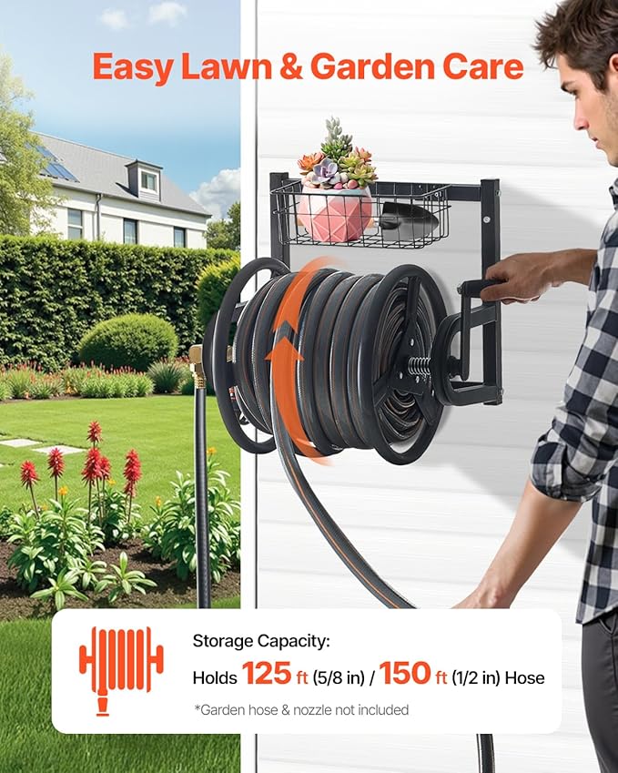 VEVOR Wall Mounted Garden Hose Reel, Holds 125 ft 5/8-inch Hose, Heavy-Duty Water Hose Winder, Space-Saving Design, Outdoor Manual Reel with Brass Fitting and Storage Basket for Yard Lawn