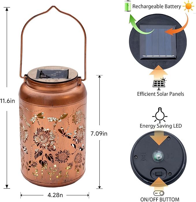 2pack Solar Lanterns Lights Outdoor Hanging Lantern Waterproof Metal LED Dragonfly Spring Decor Mothers Day Gifts for Women Men Mom Grandma Solar Light for Garden,Yard,Patio, Lawn,Pathway,Landscape