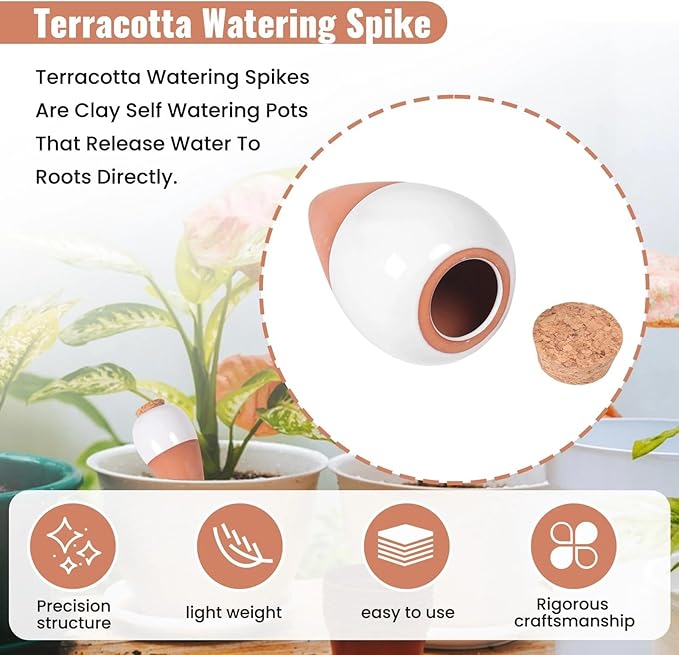 4 Pack Terracotta Watering Spikes, Plant Watering Devices Wine Bottle Automatic Plant Self Watering Spikes for Vacations, Clay Self-Watering Stakes for Indoor Outdoor Plants