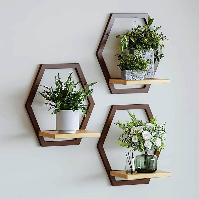 3 Pack Solid Wood & Metal Framework Wall Plant Stands,9 inch Natural Wood Shelf of Indoor,Mid Century Modern Hanging Planter for Outdoor Entryway 25 LB Load for Plants Coffee