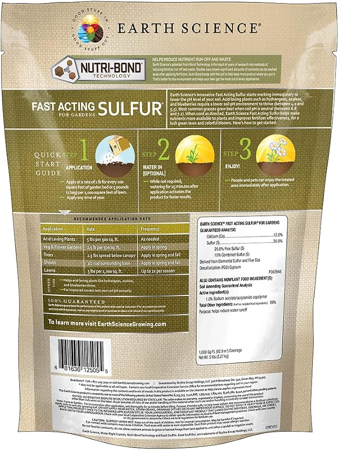 Earth Science Fast Acting Sulfur Granules – 5lb – Reduces Soil pH and Nutrient Runoff, Improves Growth & Color for Acid-Loving Plants, Long-Lasting Lawn Care Supplement