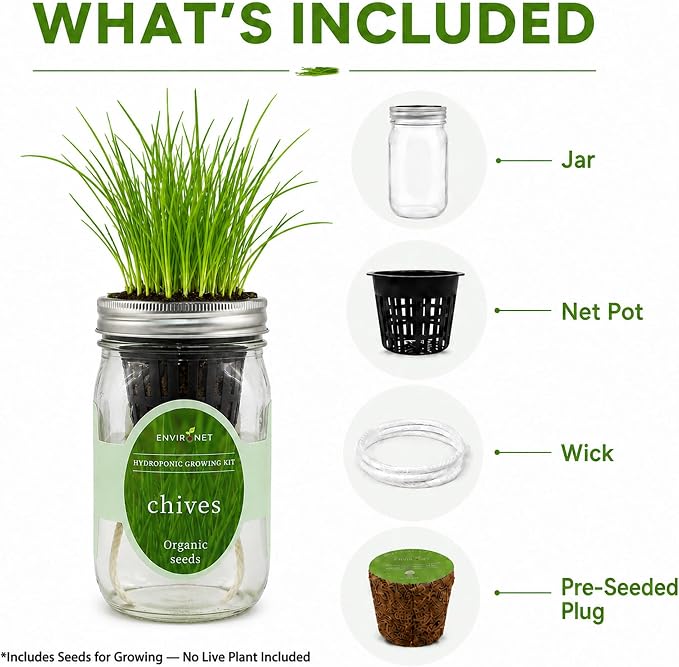 Hydroponic Herb Growing Kit, Self-Watering Mason Jar Herb Garden Starter Kit Indoor, Grow Your Own Herbs from Organic Seeds (Chives)