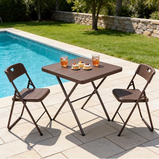 Folding Table, 27 Inch Square Foldable Card Table No Assembly, Portable Coffee Table with Heavy Duty Steel Frame Supports to 400lbs, Ideal for Small Spaces, Picnic, Camping, RV Travel, Parties, Brown